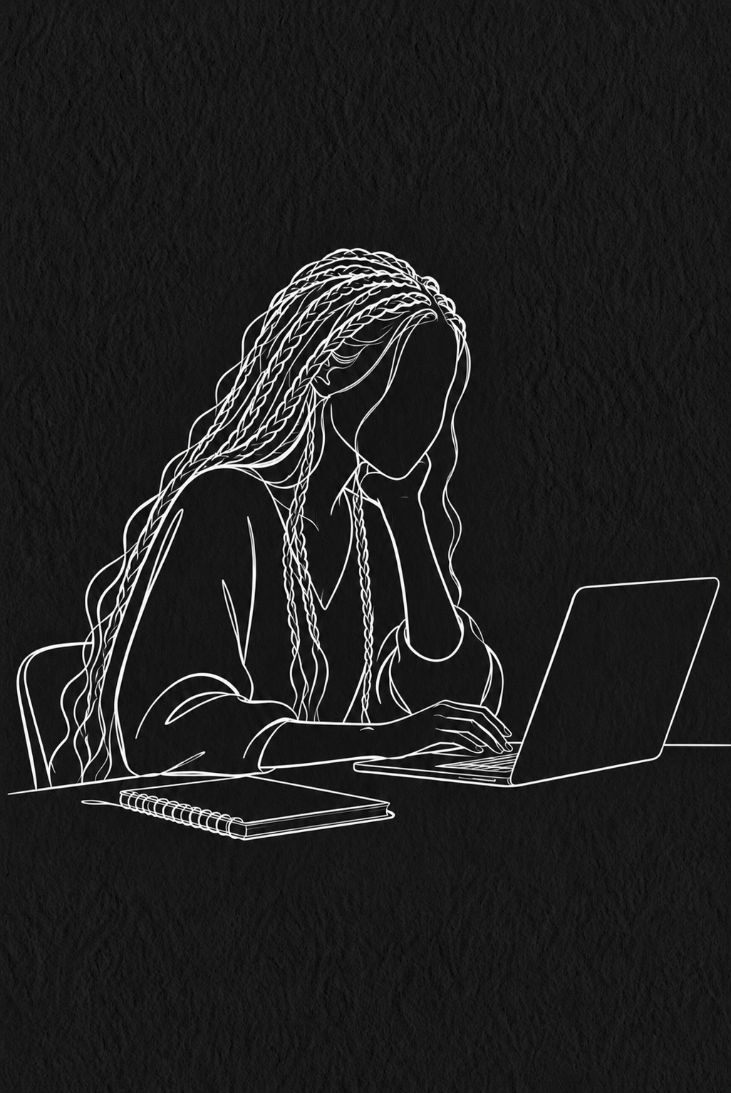 Line art illustration of a woman working at a laptop